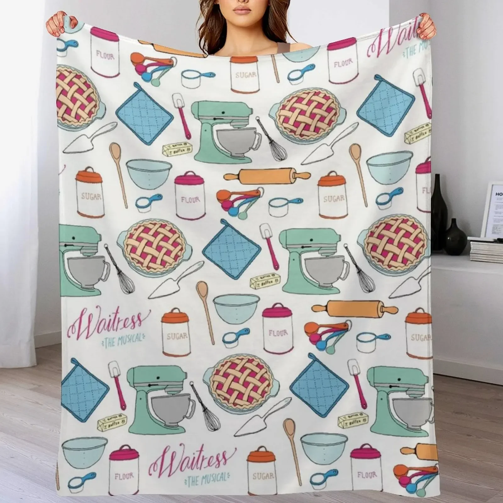 Waitress the Musical cherry pie print, mixer, sugar, butter, flour - Broadway, West End Throw Blanket Flannel Camping Blankets