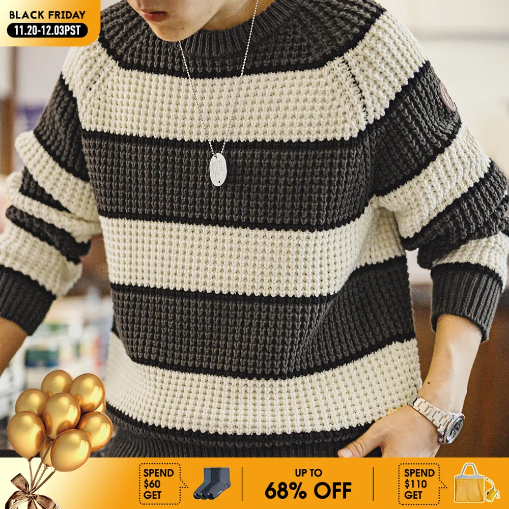 

Вязаный свитер Maden в полоску в стиле ретро с круглым вырезом, универсальный пуловер для мужчин, осенне-зимние теплые вязаные повседневные топы