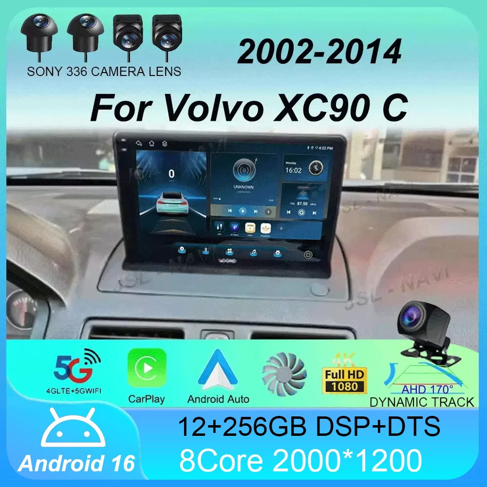 Android 16 For Volvo XC90 C 2002 - 2014 Carplay Auto 4G+WIFI GPS Navigation Multimedia Video Player Car Radio Stereo BT