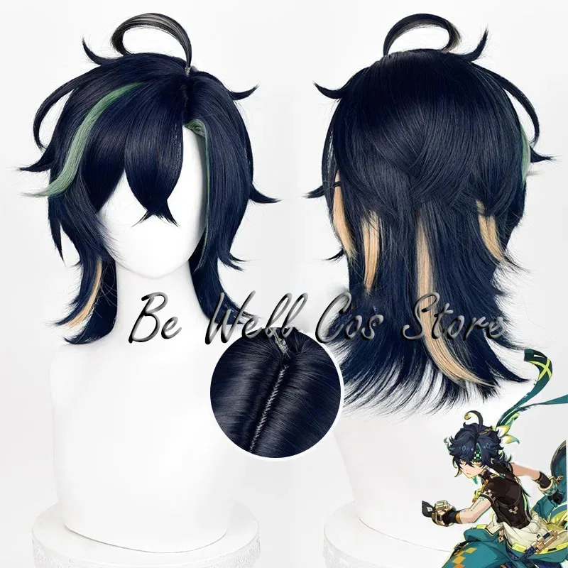 

Game Genshin Impact Kinich Cosplay Wig 35cm Short Blue Green Gradient Hair Heat Resistant Synthetic Hair For Halloween