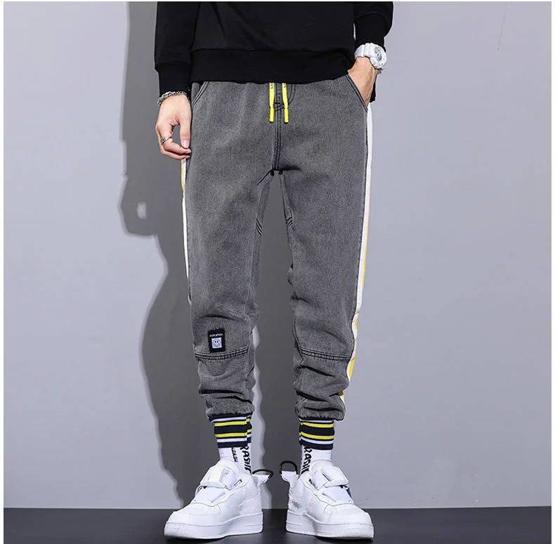 Denim Black Jeans Pants Men Jogger Striped Side Elastic Waist Autumn Jogging Clothes Korea Style Casual Harem Men Trousers 5XL