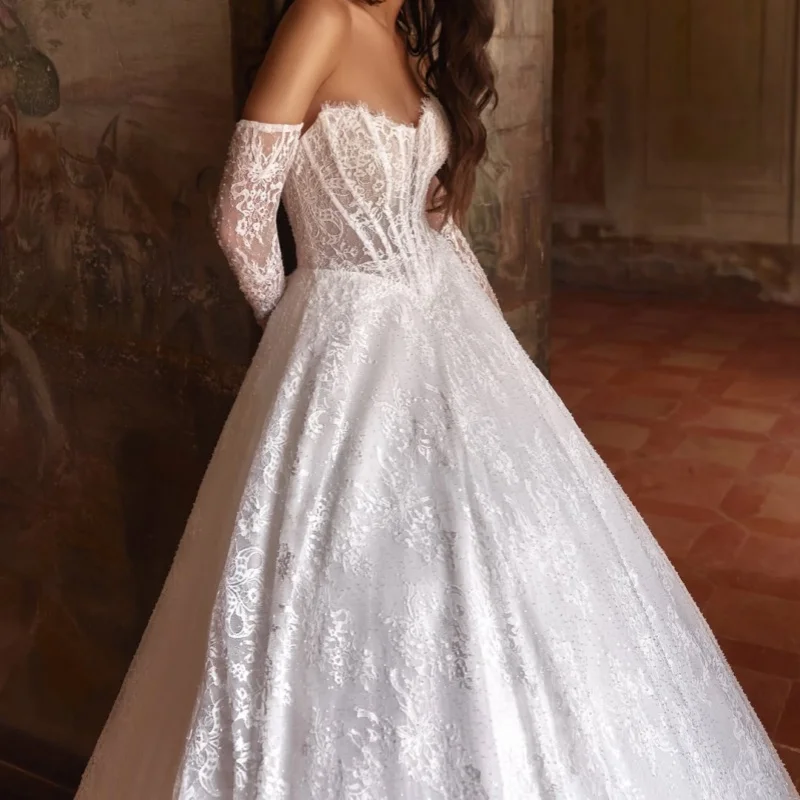 Pearl White Lace Appliques Wedding Dresses Decal Skirt Long Tail A-Line Skirt Made Wedding Dress Bridal Gown Customize