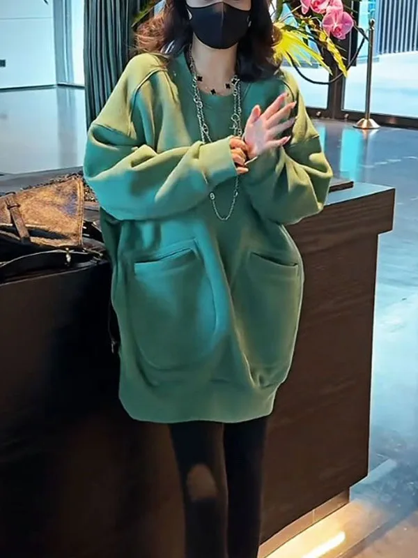 

Loose Fit Women's round Ne Sweatirt plus Size 300 Pou Color Mid-Length Trendy Streetwear Comfortable Hoodie