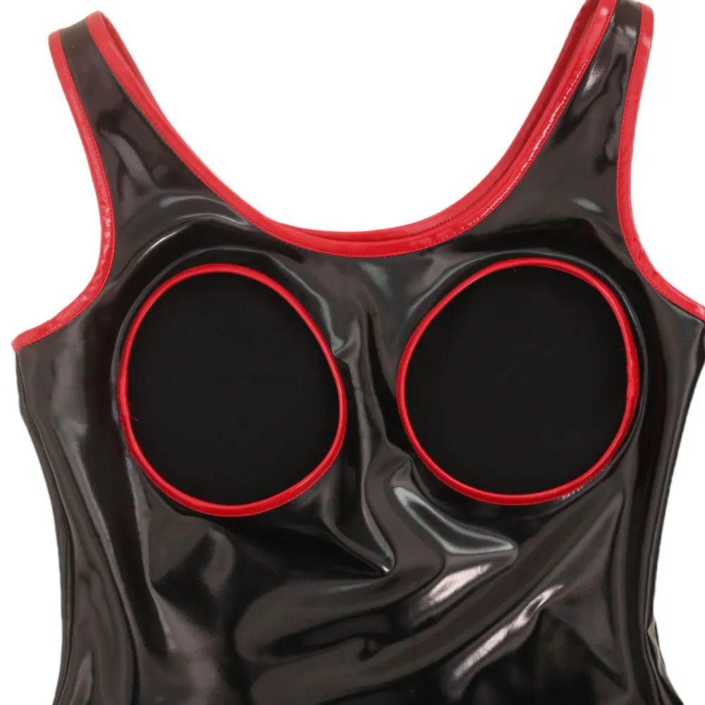 

Women's Hollow Out Breast Wet Look PVC Shiny Bodysuit Tops Zipper Open Crotch Erotic Tights Body Teddies Clubwear PU Catsuit