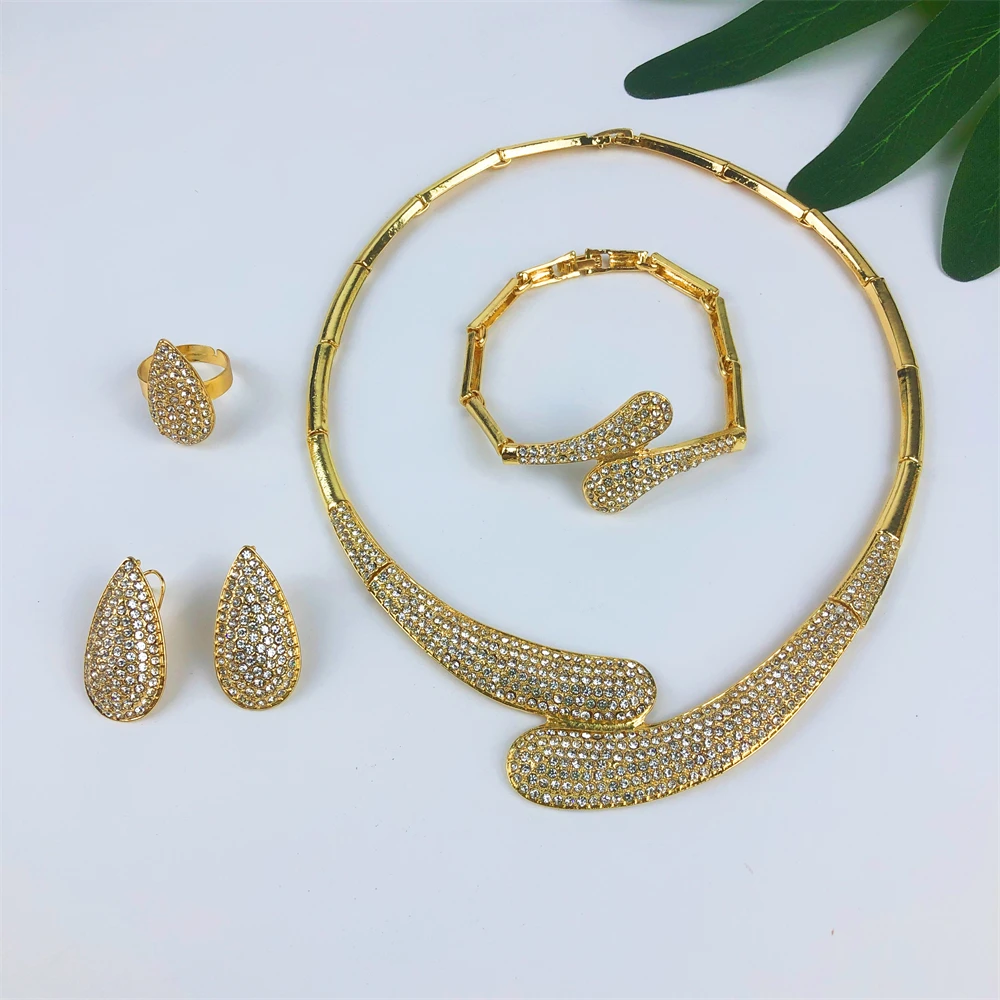 ESALE Dubai Women Jewelry Sets Classic Design Necklace Earrings Charm Bracelet Ring Banquet Party Jewelry 18K Gold Plated