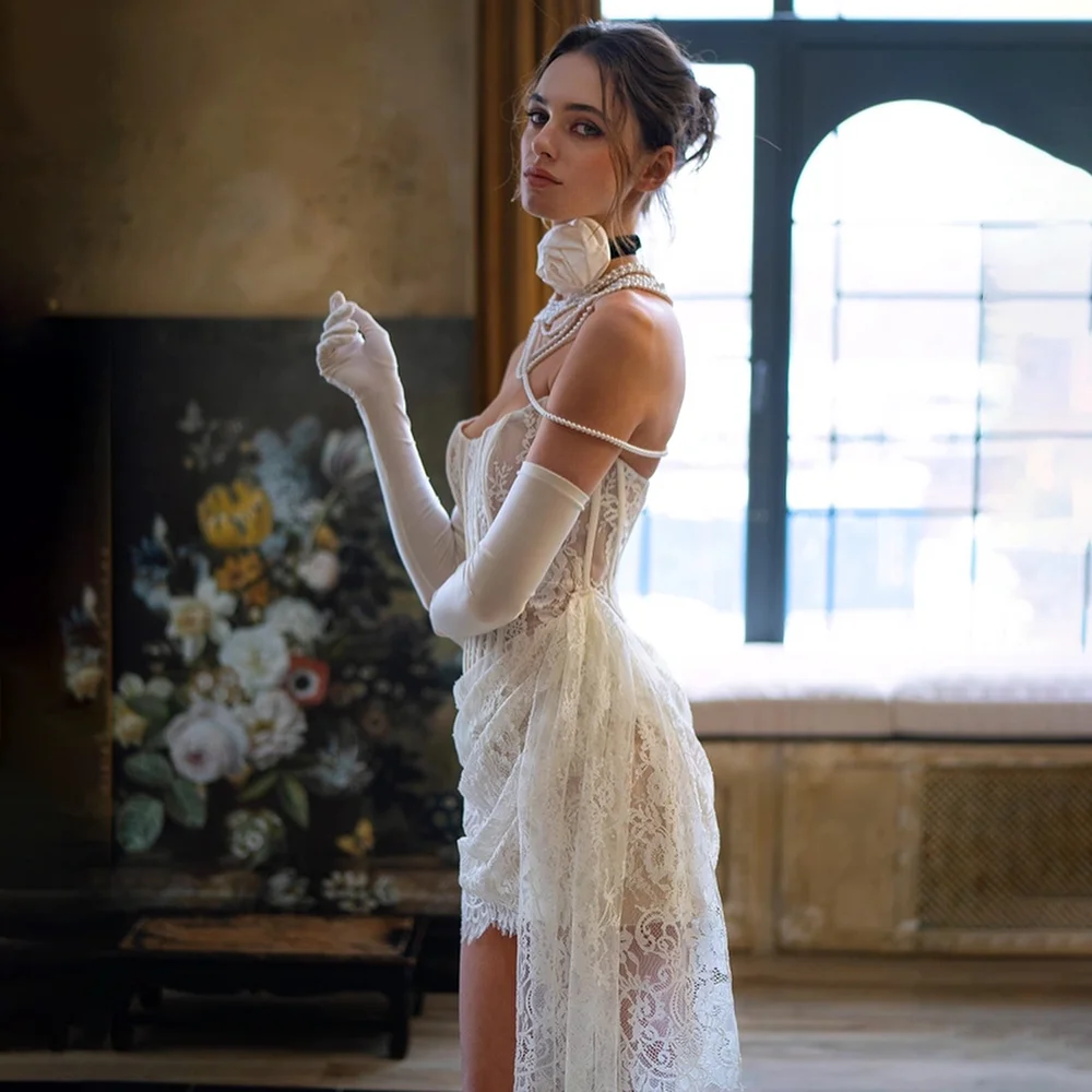 فساتين حفلات الزفاف الأنيقة للنساء بدون حمالات من الدانتيل فساتين سهرة طويلة مطوي على شكل حرف A فستان رسمي للحفلات الراقصة 2025 مخصص