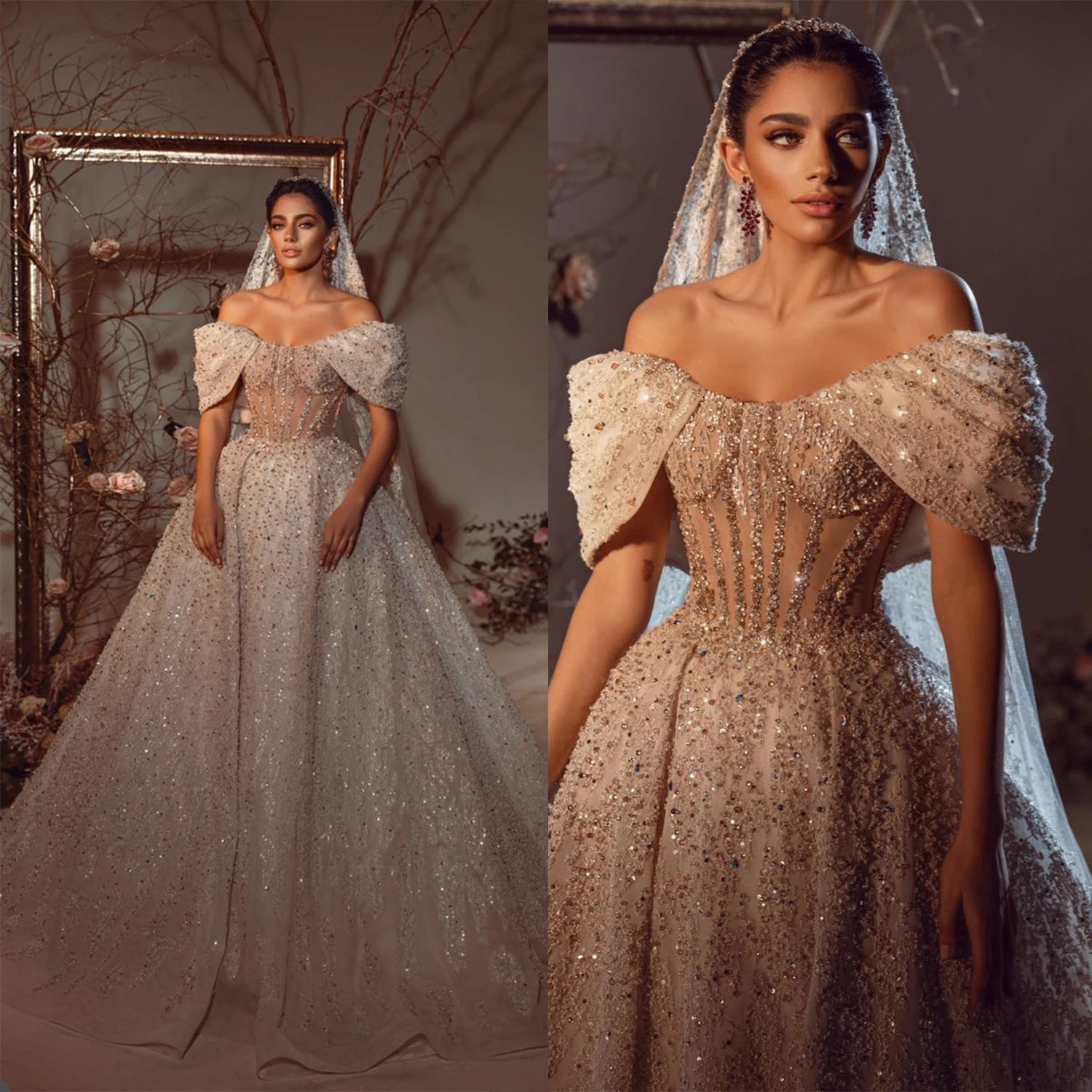 Puffy A Line Wedding Dresses Sexy Illusion Corset Off Shoulder Saudi Arabia Bridal Gowns Sequined Beads Celebrity Bride Dress