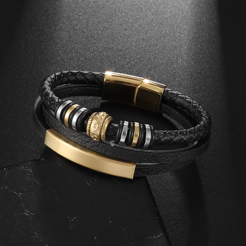 Classic Black Multilayer Leather Bracelet Men Wrap Bracelet with Metal Magnetic Clasp Handsome Jewelry Gift
