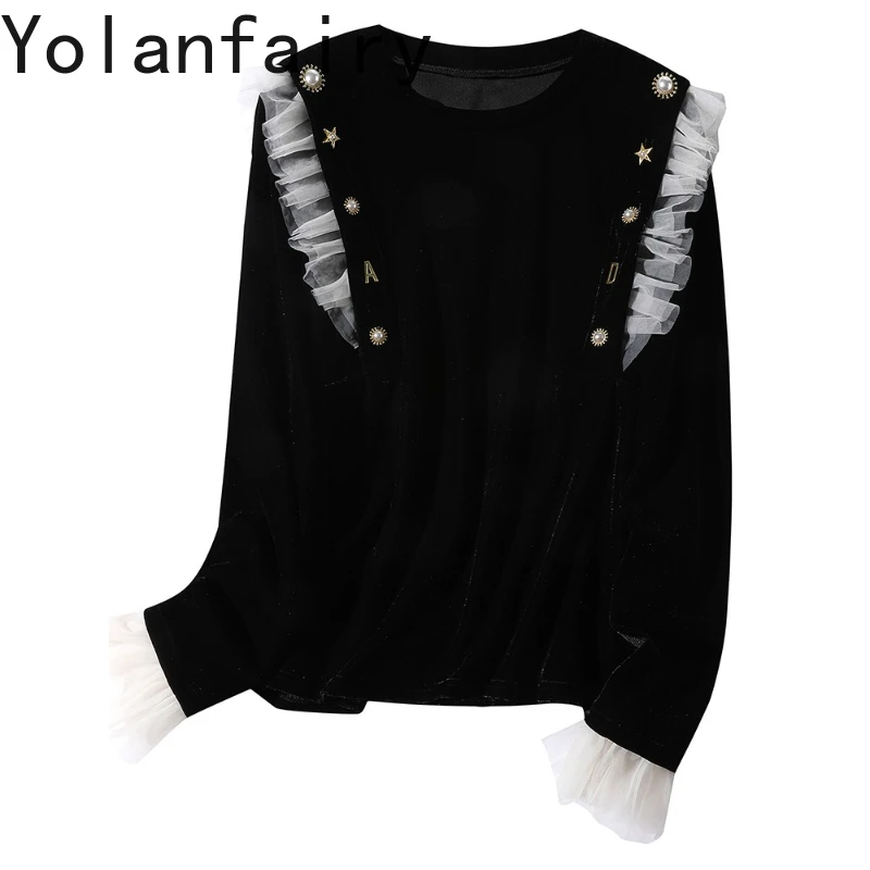 

YOLANFAIRY Elegant Blouses for Women Early Autumn Velvet Top Korean Style Long Sleeve Shirts Woman Blouse Basic Shirts Dames