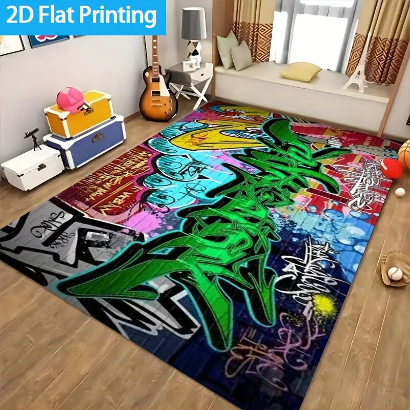 2D Flat Colorful Graffiti Street Art Flannel Door Mat Non Slip Urban Culture Rug For Entryway Garage Floor Decor