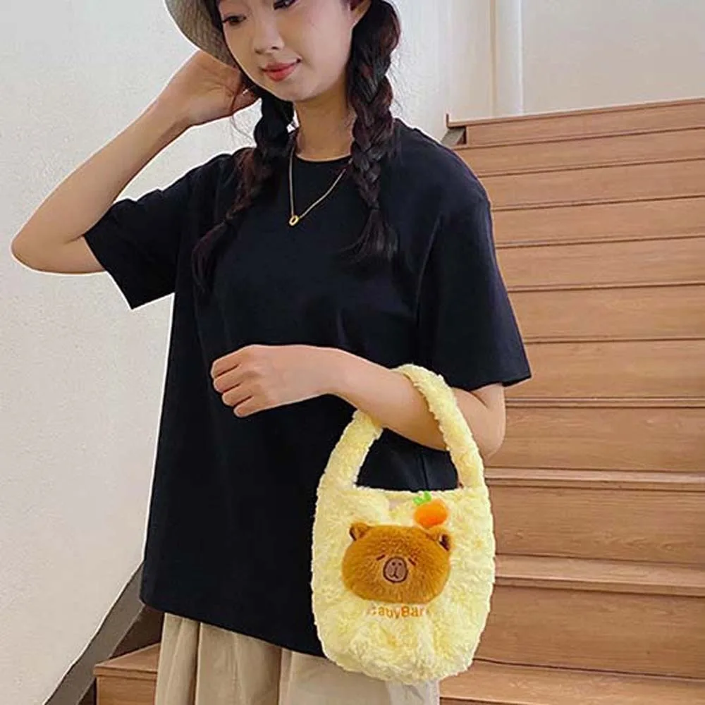 

Candy Pouch Plush Capybara Bucket Bag Large Capacity Embroidered Furry Handbag Soft Portable Cartoon Storage Bag Daily