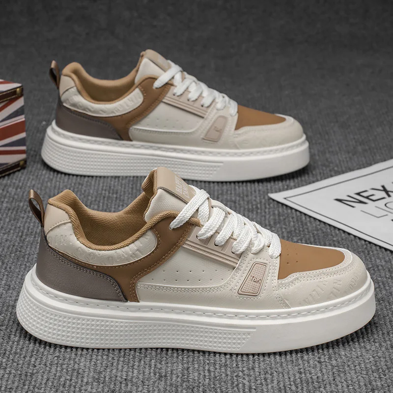  Women Platform Casual Shoes Beige Color Lace‑Up Thick Bottom Sneakers Ladies Soft Non‑Slip Daily Walking Board Shoes 
