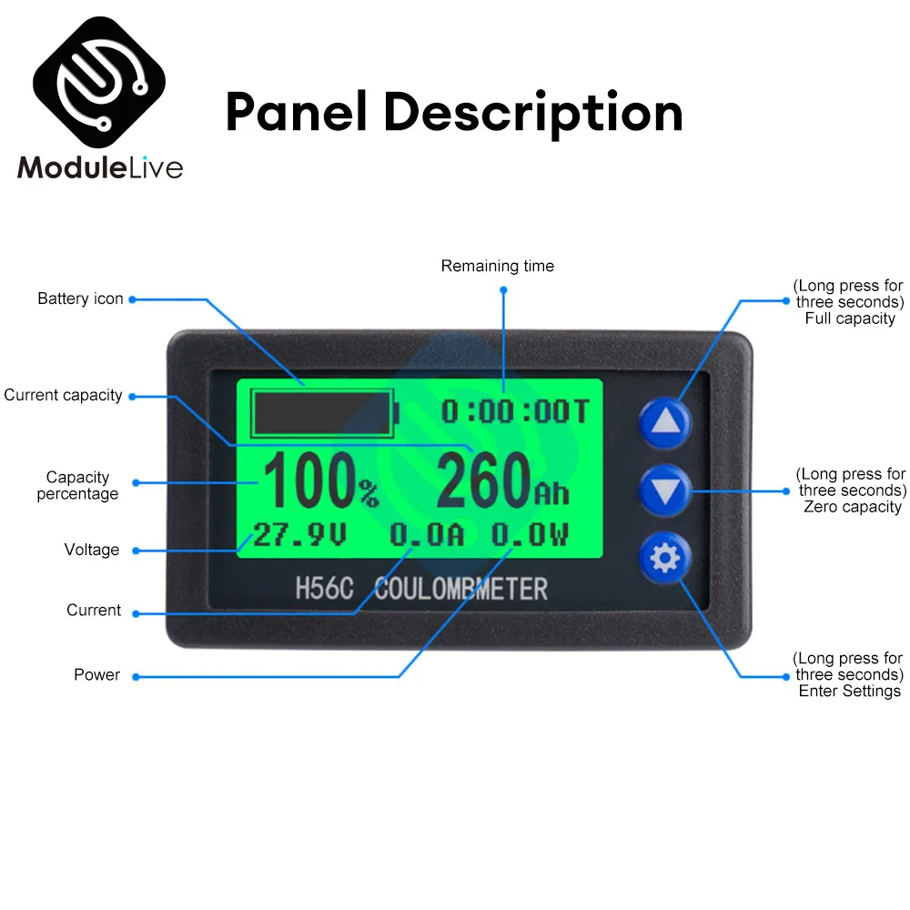 capacimetro Medidor Digital de corriente de voltaje para coche, amperímetro voltímetro, pantalla LCD H56CH, CC 9-100V, 50A, 100A, 200A, 300A, 400A