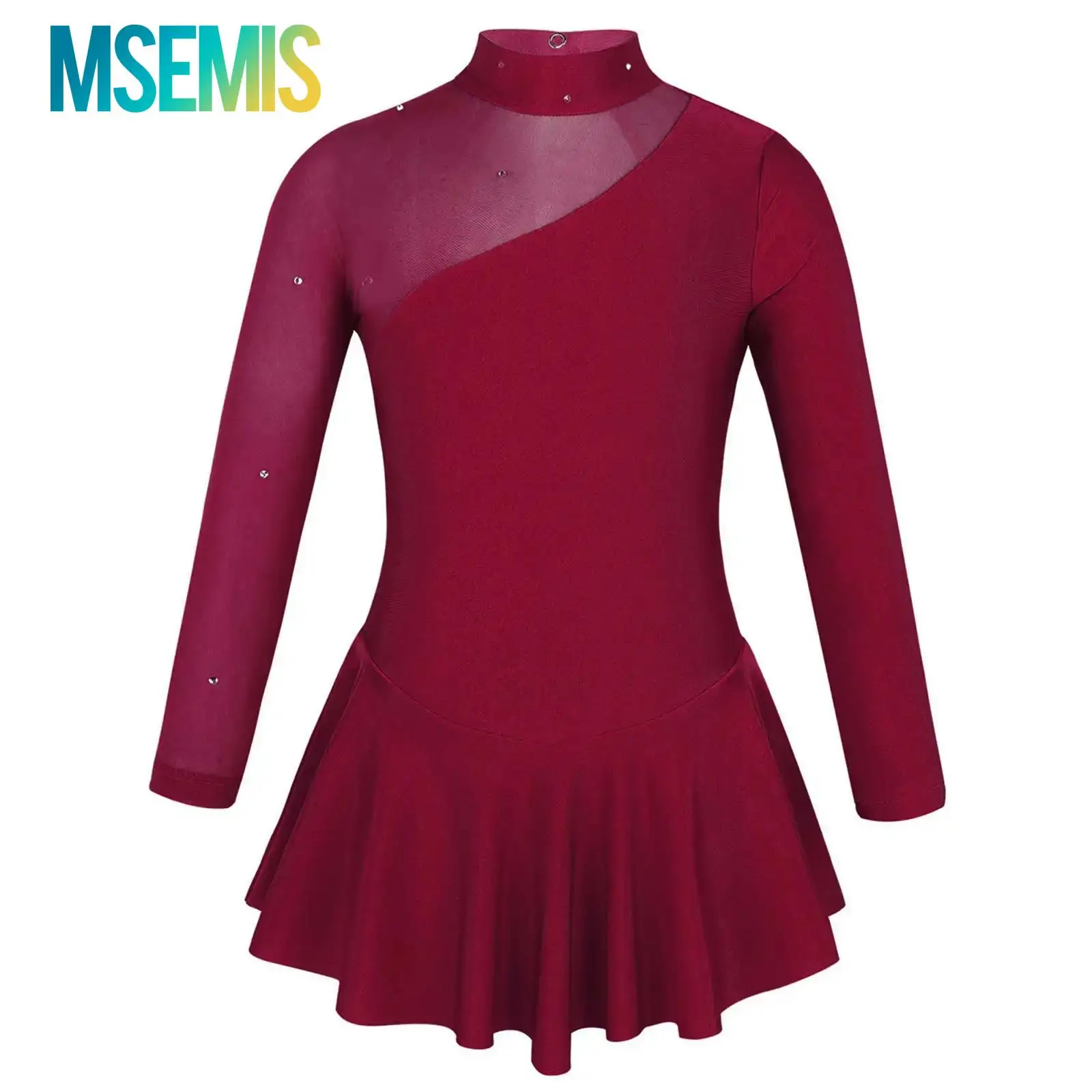 Kids Girls Figure Ice Skating Roller Skating Ballet Dance Leotard Dress Long Sleeves Mock Neck Tulle Splice Cutouts Back Dress