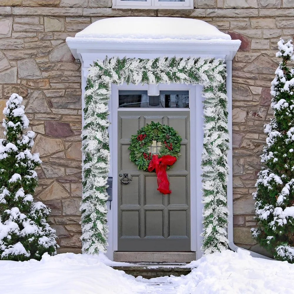 إكليل عيد الميلاد المتجمع بالثلوج المضاء مسبقًا يعمل بالبطارية مع 100 مصباح LED أبيض دافئ، إكليل من الأرز بطول 9 أقدام، وظيفة مؤقت، قطعتان Se