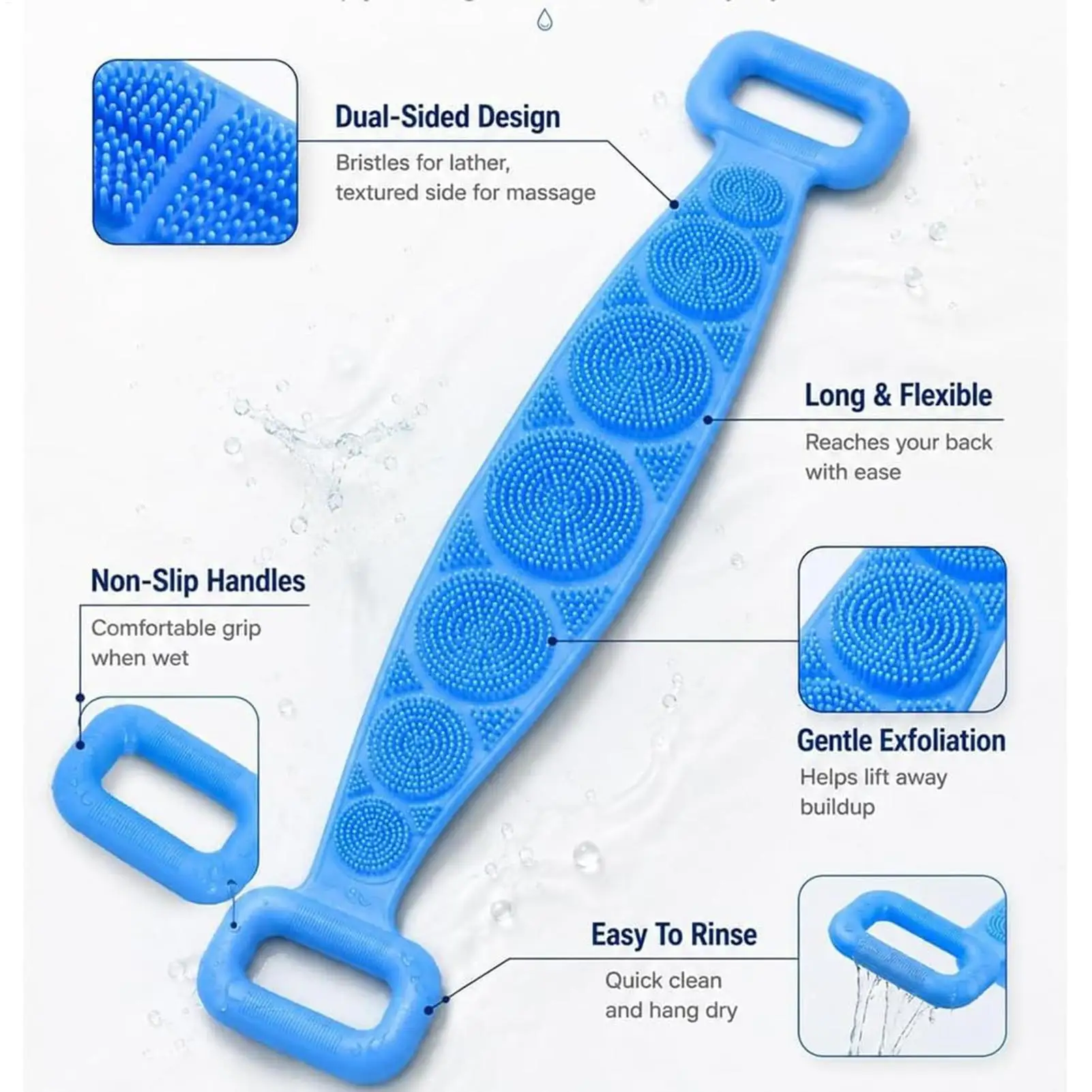Body Silicone Scrubber 70cm Massage Soft Double-sided Long Belt Shower Silicone Back Scrubber for Showering Bathroom Bathtub