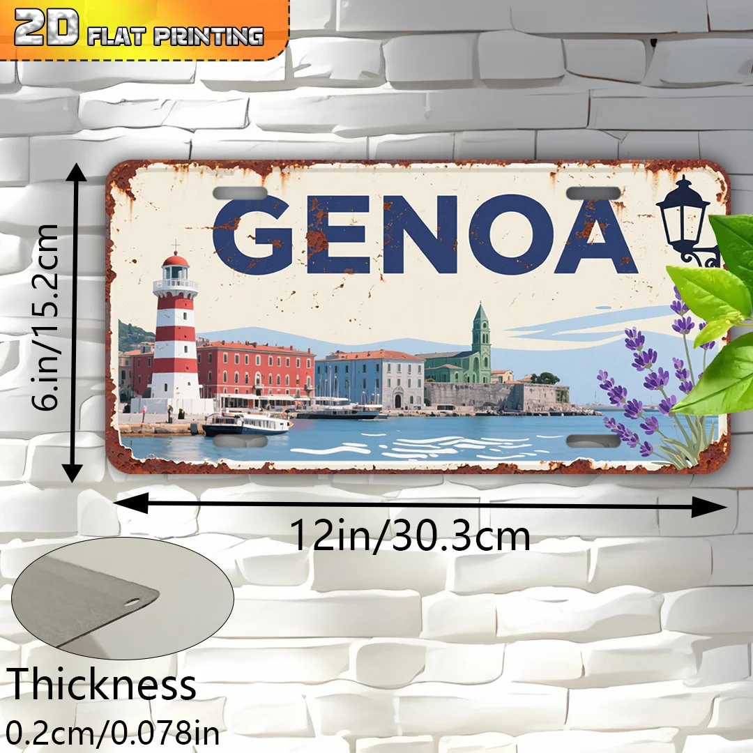 Placa de Alumínio 2D Plana, Vintage, com Mapa de Gênova, Itália e Pontos Turísticos - 6"x12" (15x30cm) Farol Italiano, Costa da Ligúria e Torre de Gênova