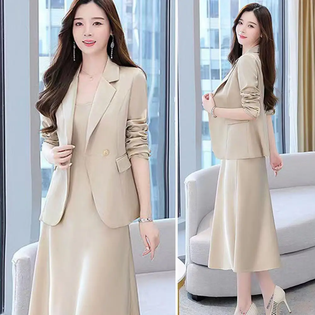 

2Pcs/Set Women Outfit Mid-length Luxury Spring Coat Dress Solid Color Sling Coat Dress Set Lady Clothing