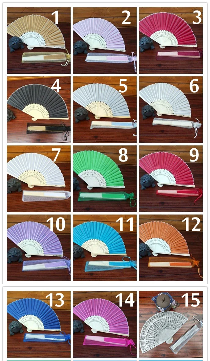 100pcs / Lot Custom Silk Fan Wedding Hand Silk Fan with Organza Gift Bag Packaging