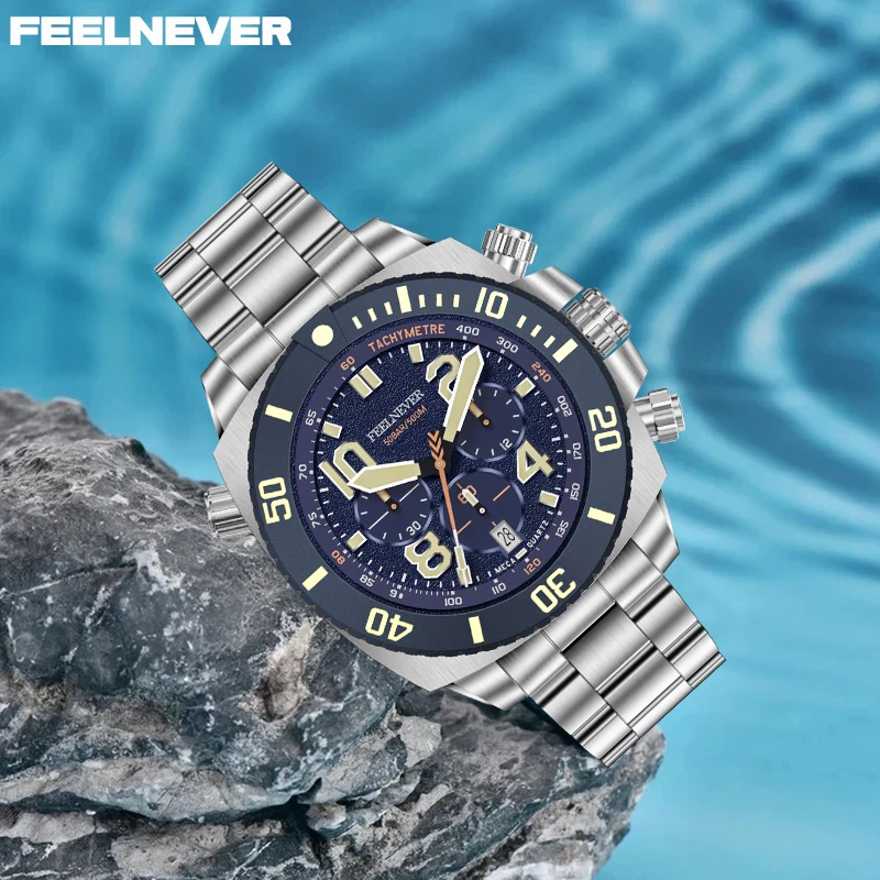 FeelNever Fashion Luxury Casual Sports Quartz Man Watch Stainless Steel Band Sapphire Watches for Men Date Waterproof Clocks+Box