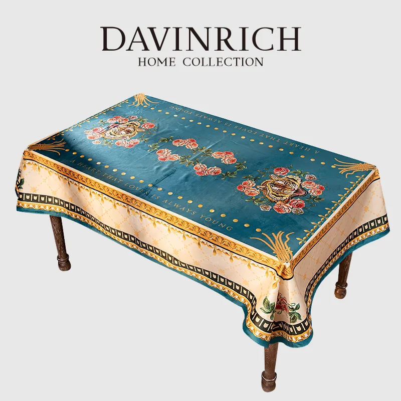 DAVINRICH Pastoral Countryside Style Velvet Table Cloth Delicate Blooming Floral And Roaring Tiger Design Tablecloth Retro Blue