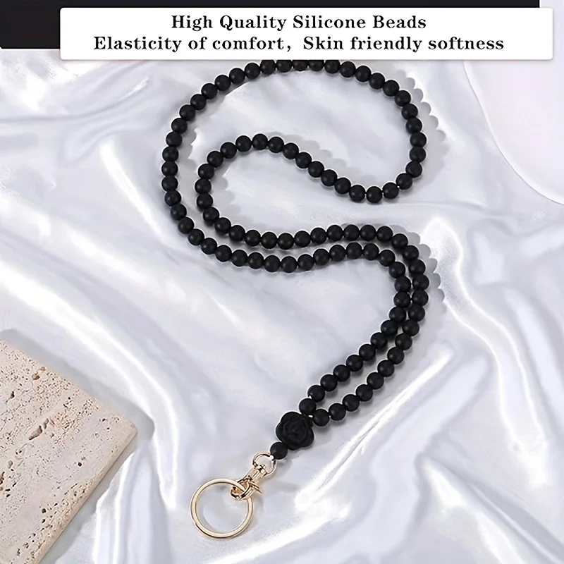 Black Rose Flower Teacher Lanyard for Key Keychain ID Name Card Holder Silicone Beads Neck Strap Key Ring Anti-Lost Hanging Rope