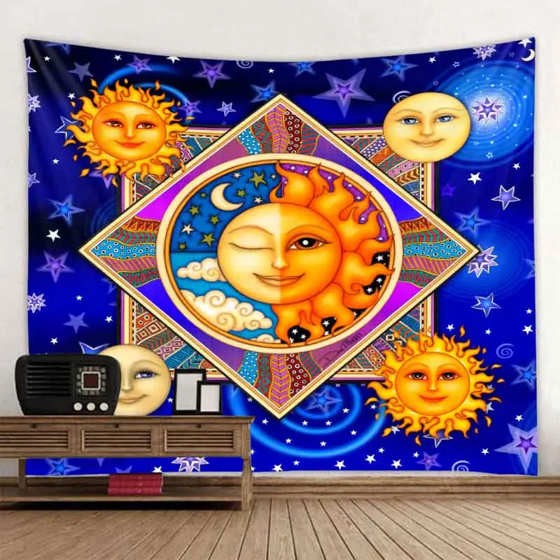 

Printed tapestry retro sun god illustration art wall hanging hippie mandala home wall decoration kawaii room decor boho yoga mat