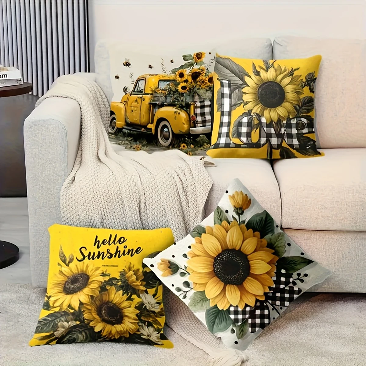4PCS Digital Print Pillow Covers, Cushion Covers, Vintage Truck Sunflower Plaid Love Hello Sunshine Summer Farmhouse Home Decor