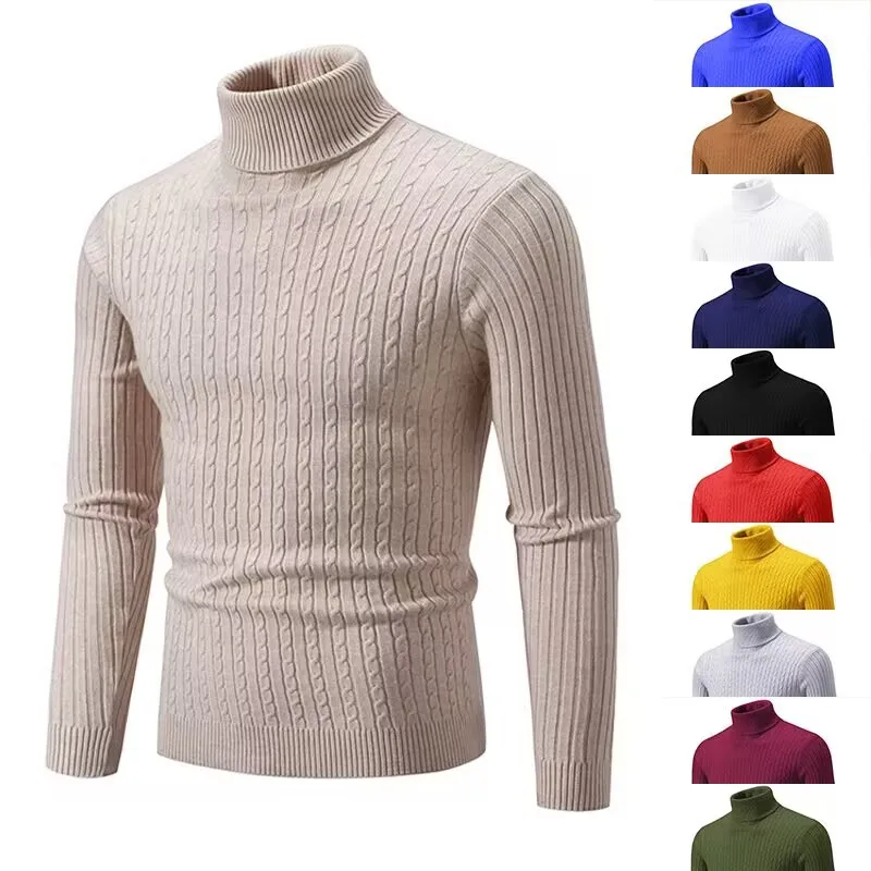 

Men's Sweater Autumn/Winter New High Collar Underlay Slim Fried Dough Twists Knitted Shirt Solid Color Simple Top A185