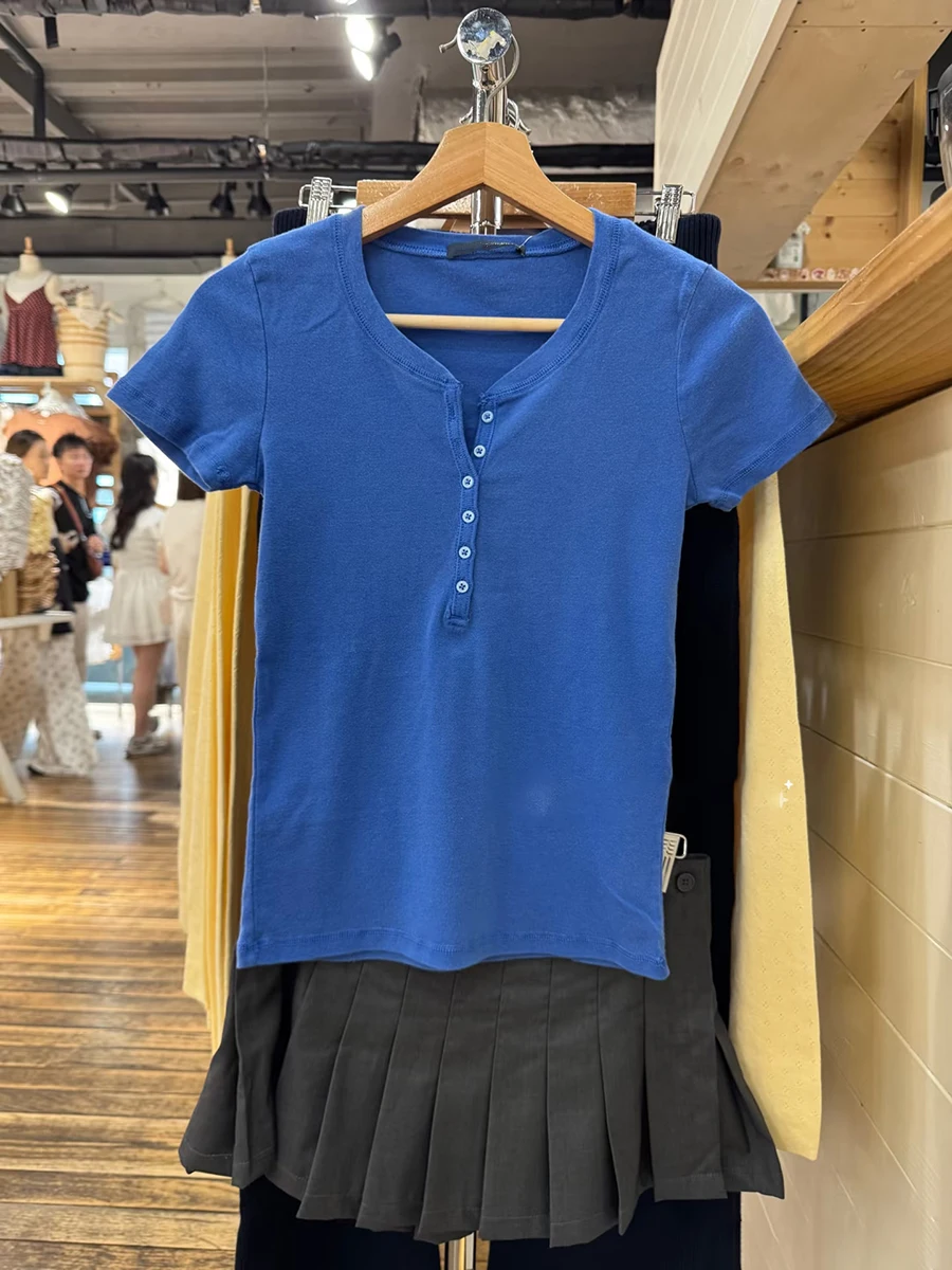 Six Buttons Electric Blue Slim T-shirts Woman Summer Cotton O-neck Short Sleeve Tshirts Casual Simple All-match New Tee Tops Y2k