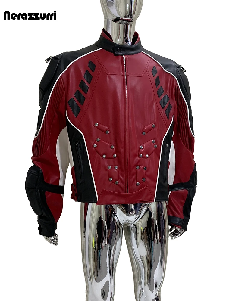 Nerazzurri Autumn Winter Short Color Block Pu Leather Racer Jacket Men Shoulder Pads Rivet Zipper Luxury Designer Clothes 2025