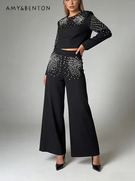 

Европейско-американский модный комплект: топ с круглым вырезом, длинными рукавами и бисером + элегантные расклешенные брюки, женский комплект из двух предметов.