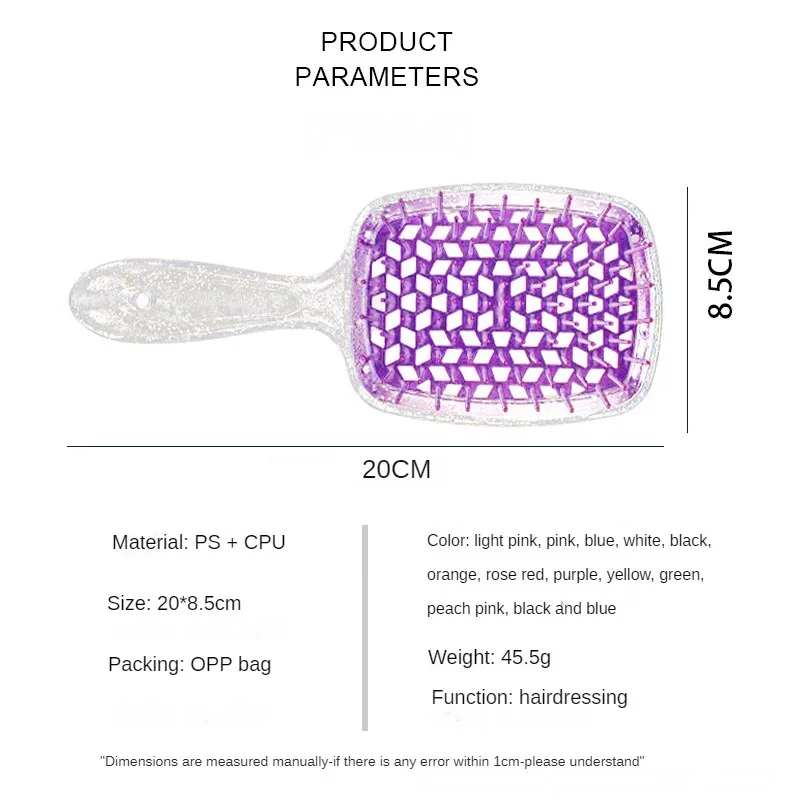 Escova antiestática para cabelos molhados e secos, malha oca, pente de massagem antiangular, prata intermitente transparente, ferramenta de cabelo styling