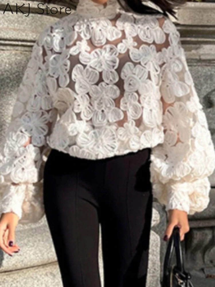 

Women Embroidery High Neck Blouses lantern sleeve Hollow Out Top