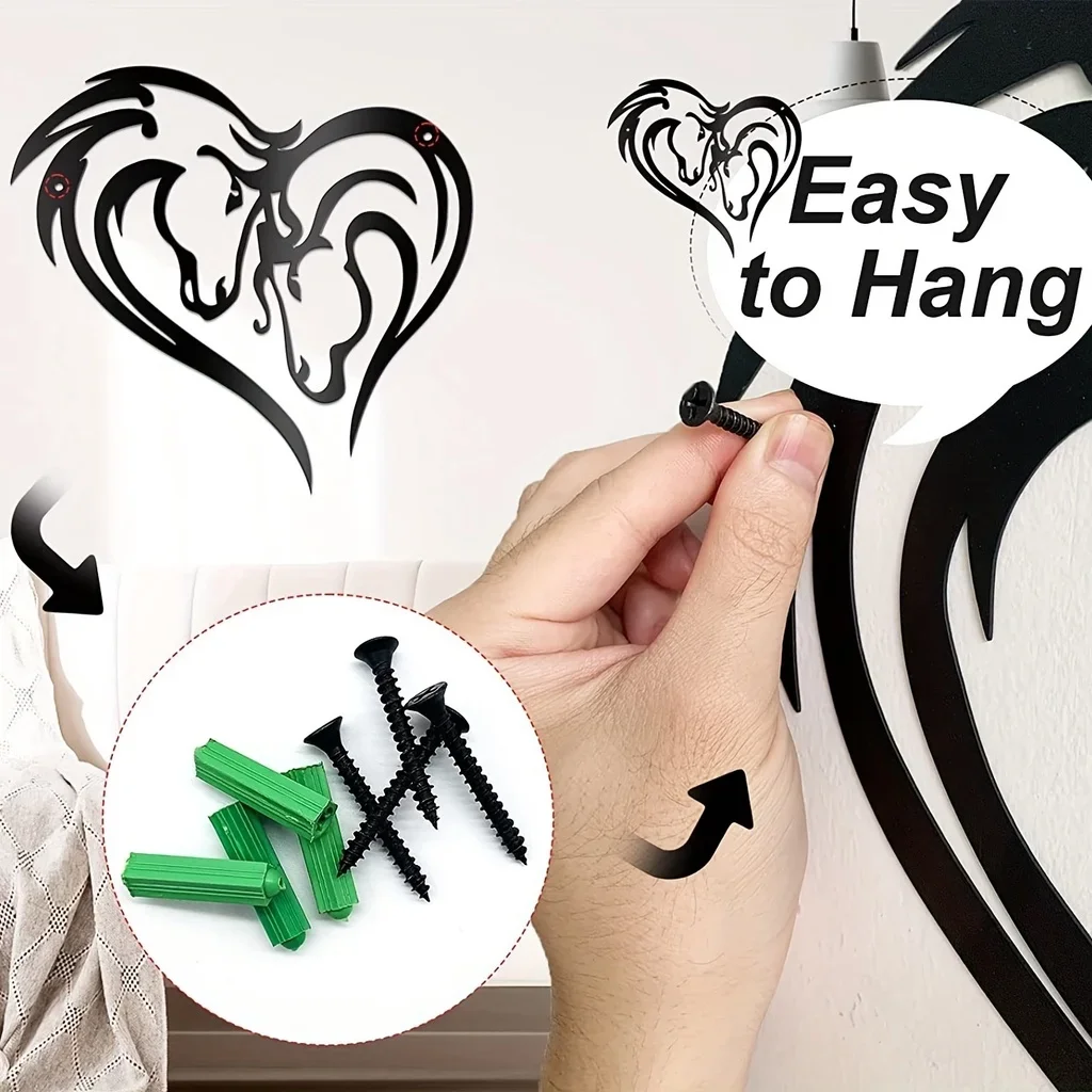 Silueta de doble cabeza de caballo, decoración artística de Metal para el hogar, caballo en forma de corazón, decoración colgante de pared de Metal negro para dormitorio y sala de estar, 1 ud.