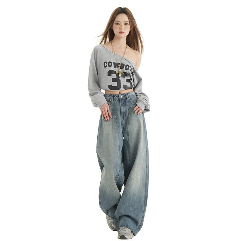 Novas mulheres de cintura alta magro alta moda versátil calças largas quatro estações edição coreana solta casual perna reta jeans