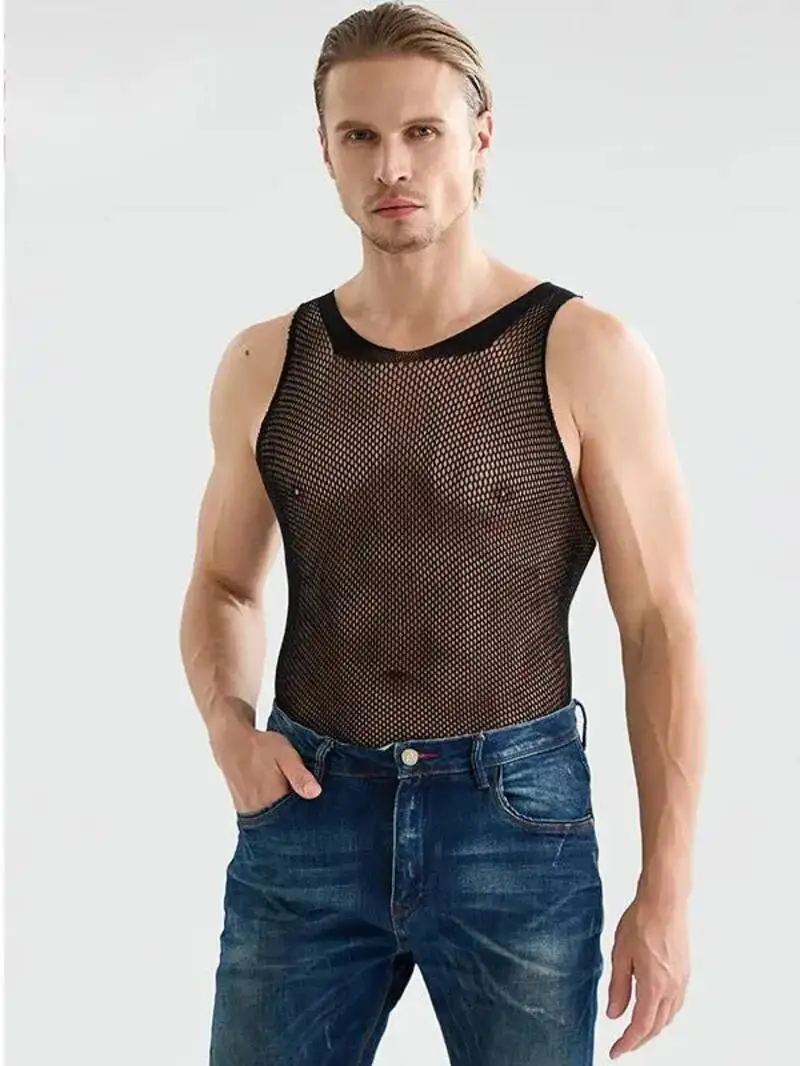 Roupas combinando exóticas sm mulheres corajosas pessoa colete de malha masculina com alças fishnet malha rendas regatas colete sexy topos 5niuw
