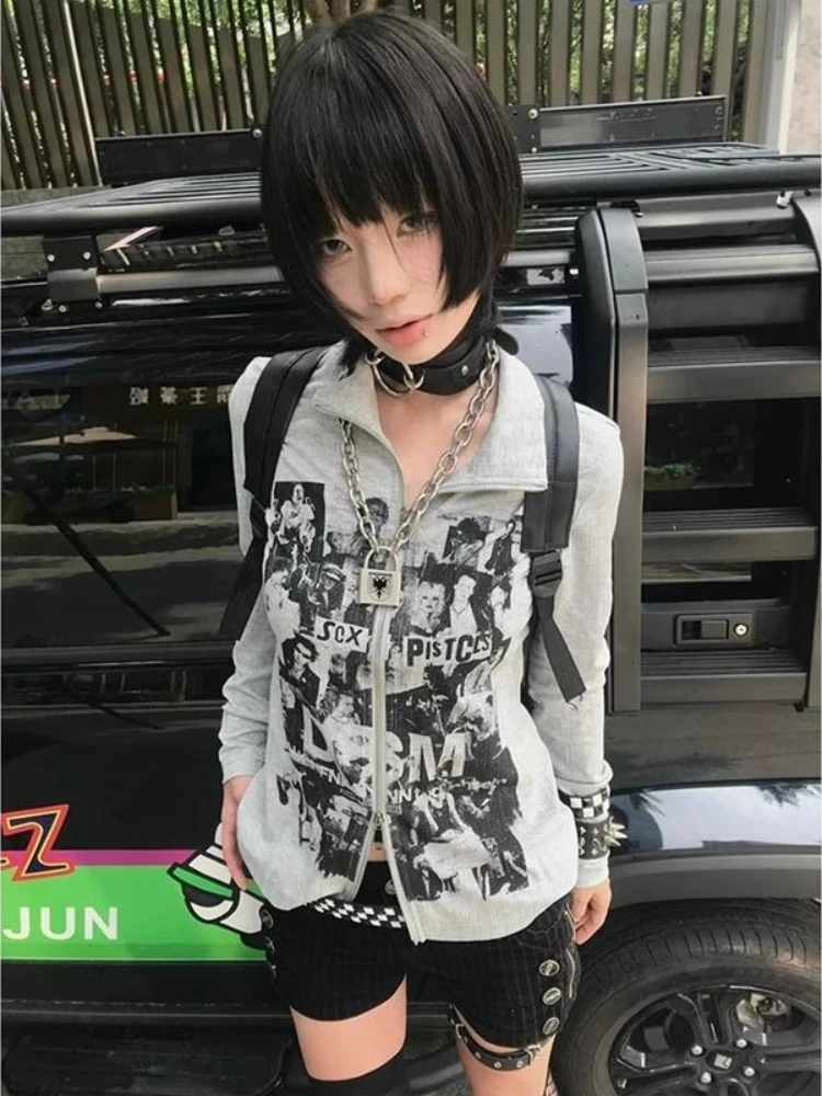 HOUZHOU Harajuku Grunge Zipper Sweatshirts Vintage Y2k Gothic Print Long Sleeve Tops Punk American Retro Streetwear Sweatshirts