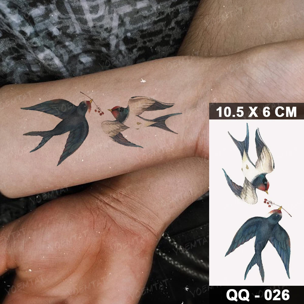 Transferência de água tatuagem temporária adesivo andorinha pássaro 3d realista bonito animal tatoo mulher homem criança garoto braço arte do corpo