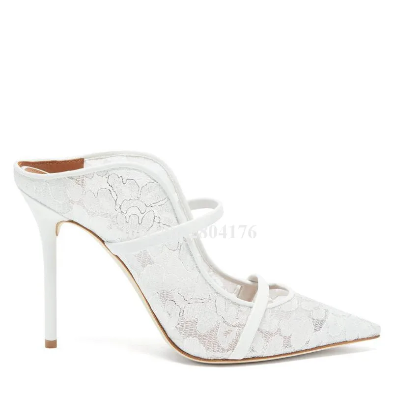 Décolleté in pizzo bianco da donna Pantofole sexy con tacco a spillo in rete con punta a punta ritagliata Scarpe da sposa con tacco alto di grandi dimensioni