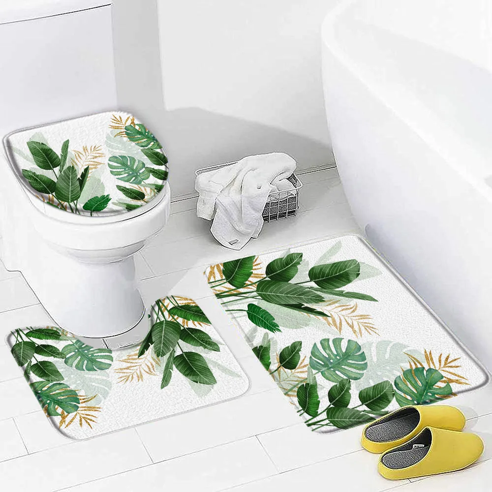 Tropical Leaves Bath Mat Set Watercolour Plants Green Gold Palm Leaf Monstera Flannel Bathroom Decor Non-Slip Rugs Toilet Cover