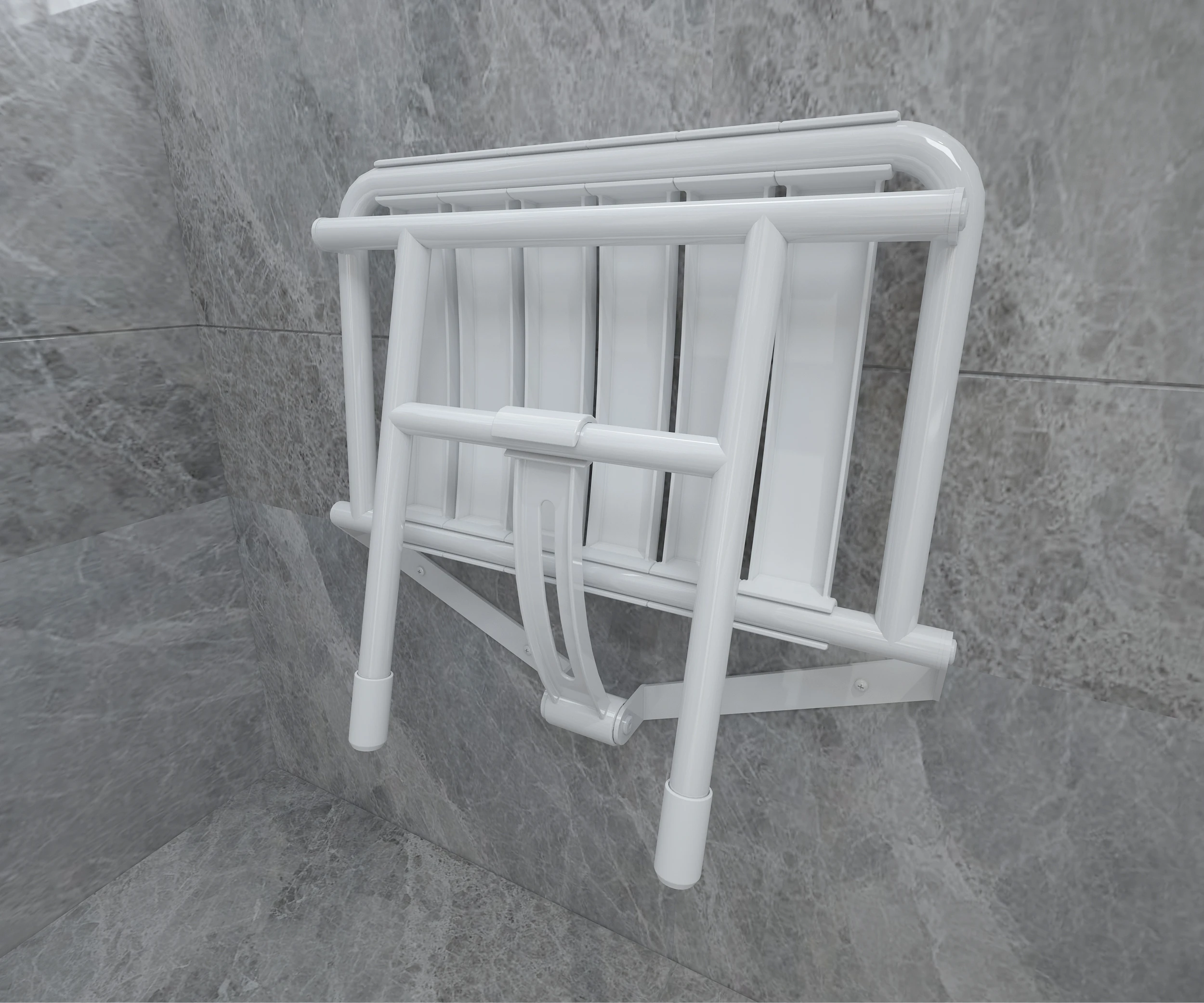 The foldable white ABS shower chair is stylish and suitable for indoor and outdoor use.