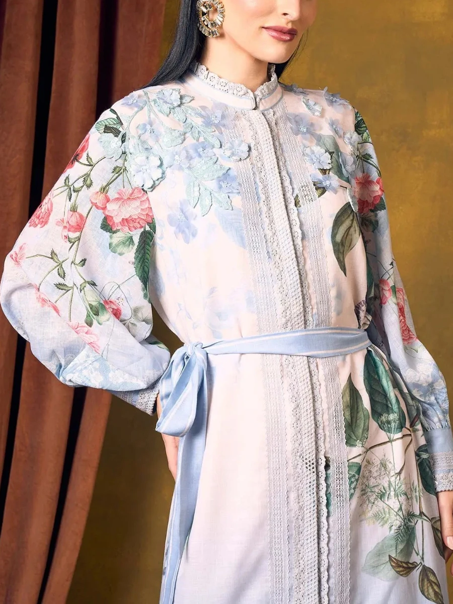 فستان VGH أنيق بطباعة حافة من الدانتيل للنساء بياقة واقفة وأكمام طويلة وخصر عالي ومرقعة وأربطة فساتين طويلة للسيدات #5