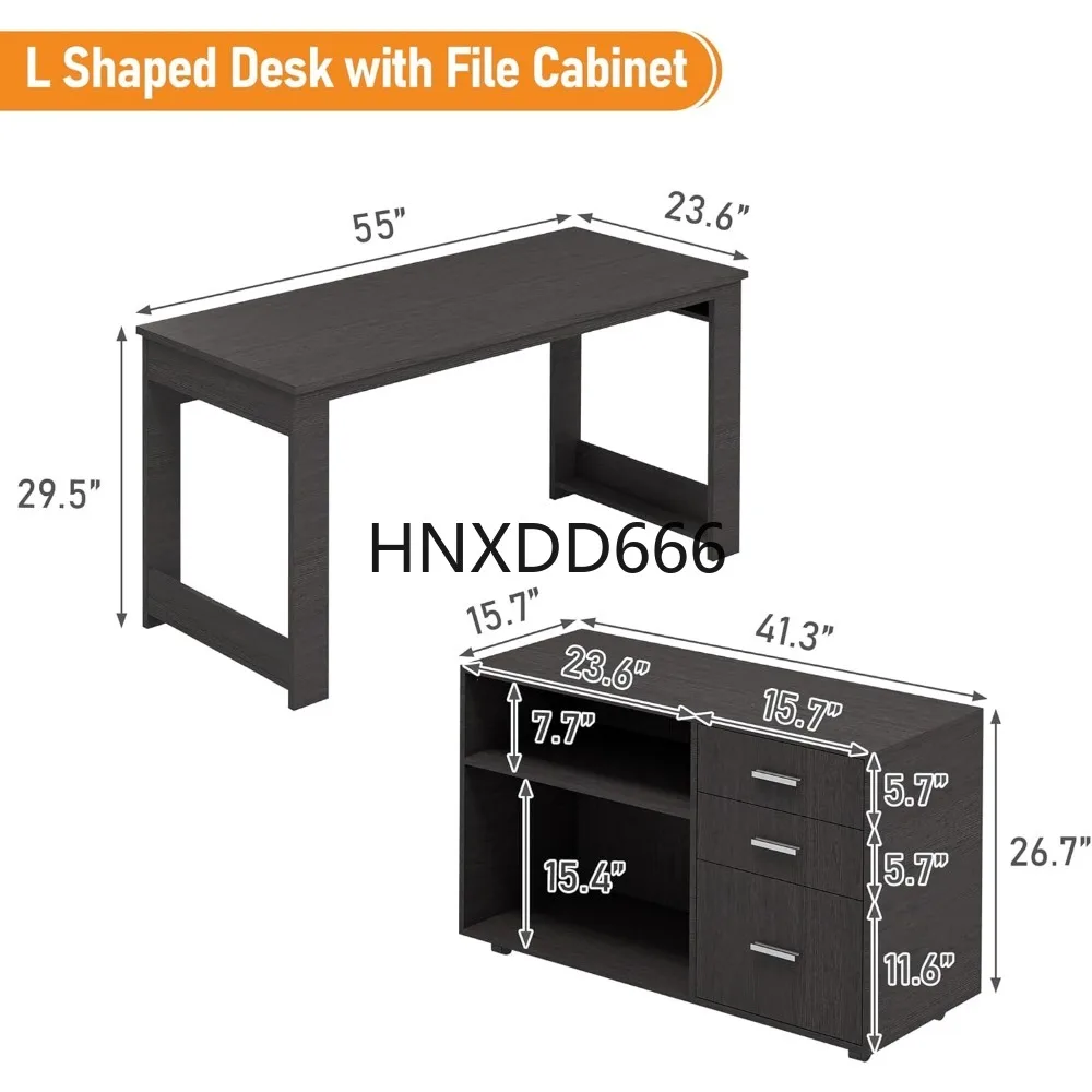 

L Shaped Desk with Drawers, Corner Desk with 3 Drawers and 2 Shelve, Executive Office Desk with Storage File Cabinet