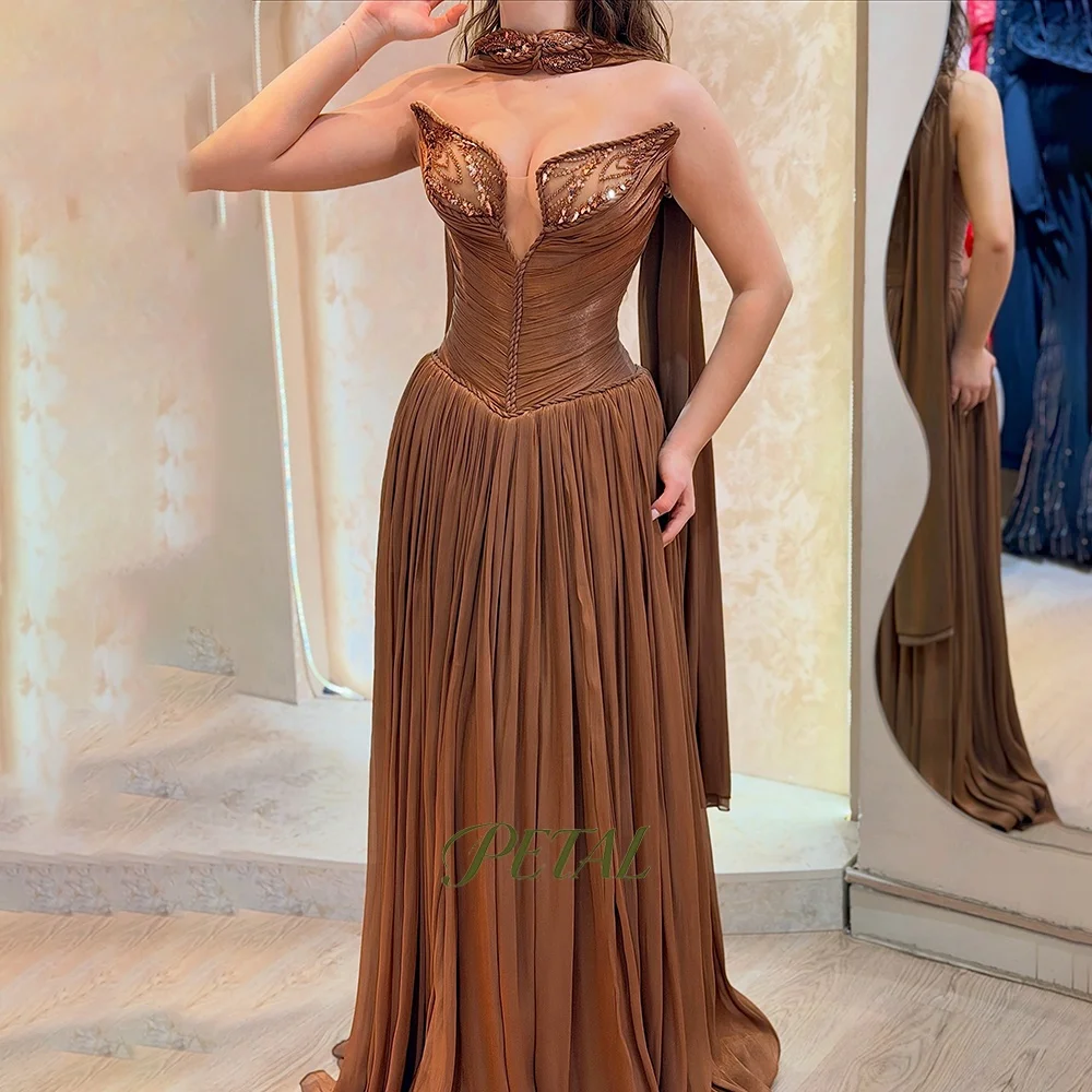 Petal Brown Evening Dress with Pleats A Line Party Dress with Beading Princess Dress Embroidery Formal Occasion Dress Customized