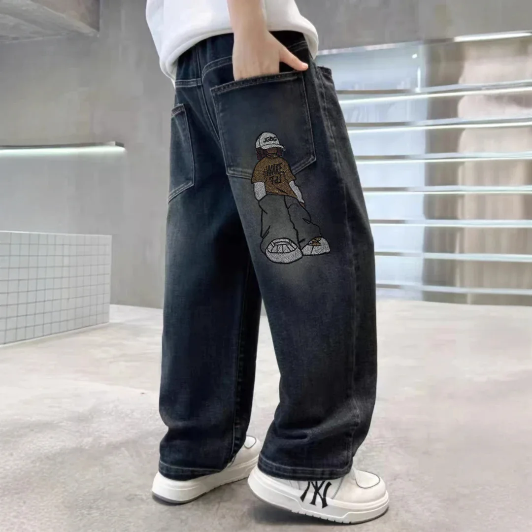 Children's Jeans Boys' Spring and Autumn New Casual Embroidered cartoon Washed Loose Korean Pants 4-14Y