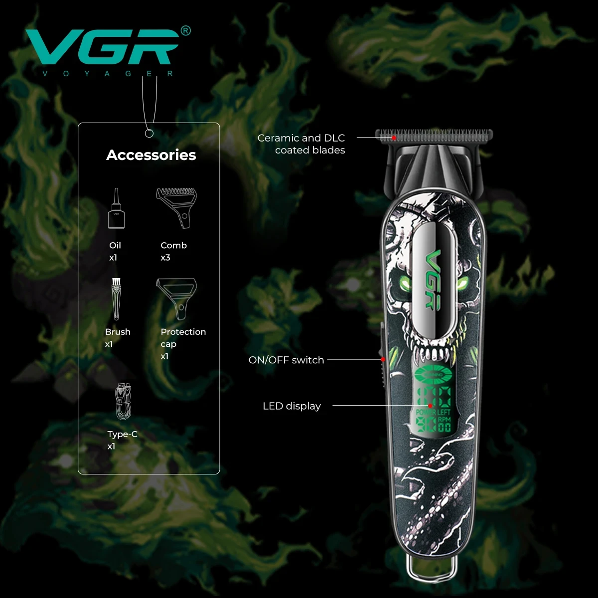 VGR V-260 professionnel hommes électrique Push tondeuse 9000 tr/min corps en métal alliage lame tondeuse à cheveux LED numérique Salon de coiffure ménage