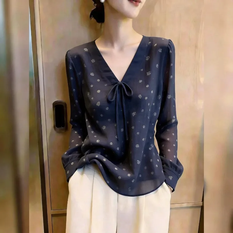 French-style Women's Blouses Printed Vintage Shirts Fashion Loose Summer Korean Clothing Long-sleeved Chiffon Women Tops