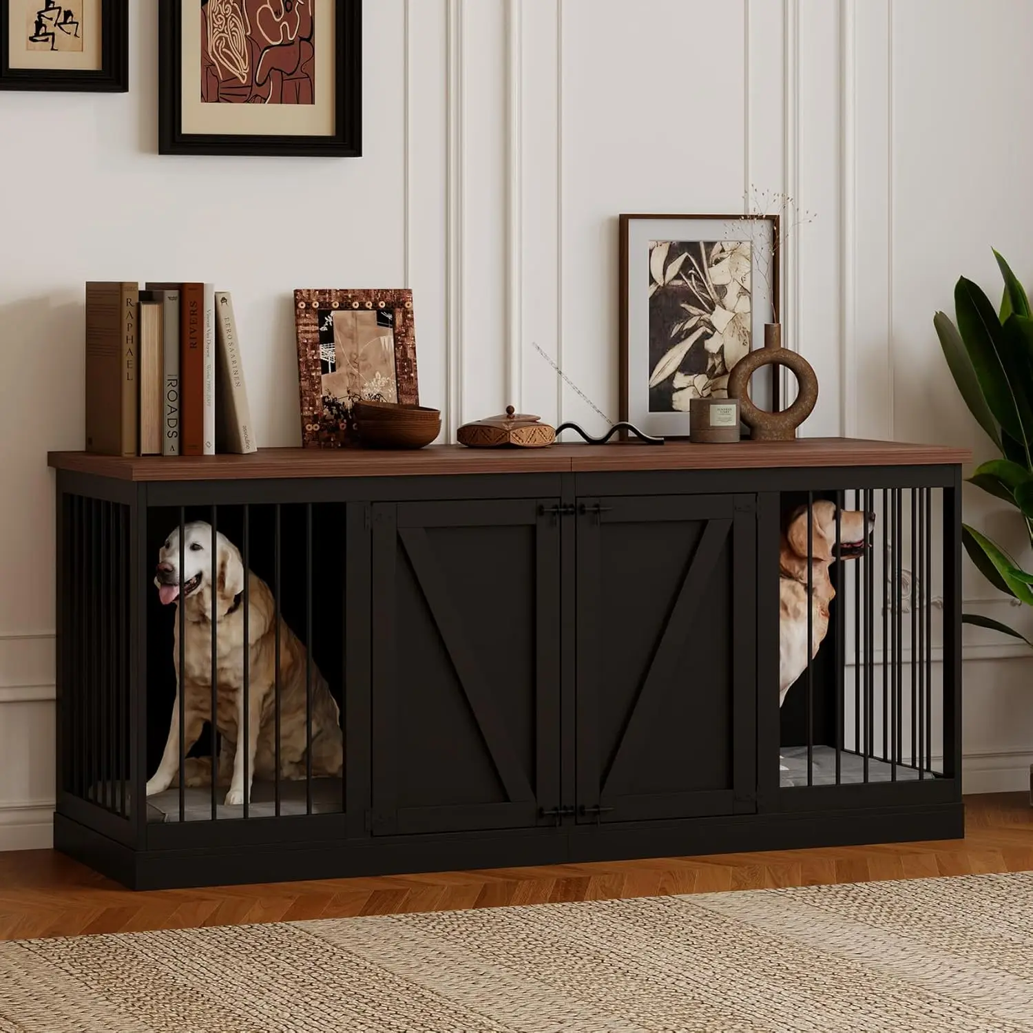 

Dog Crate Furniture - Indoor Wooden Dog Kennel Furniture with Room Divider - 71"x23.6"x31.5"H, Black dog house