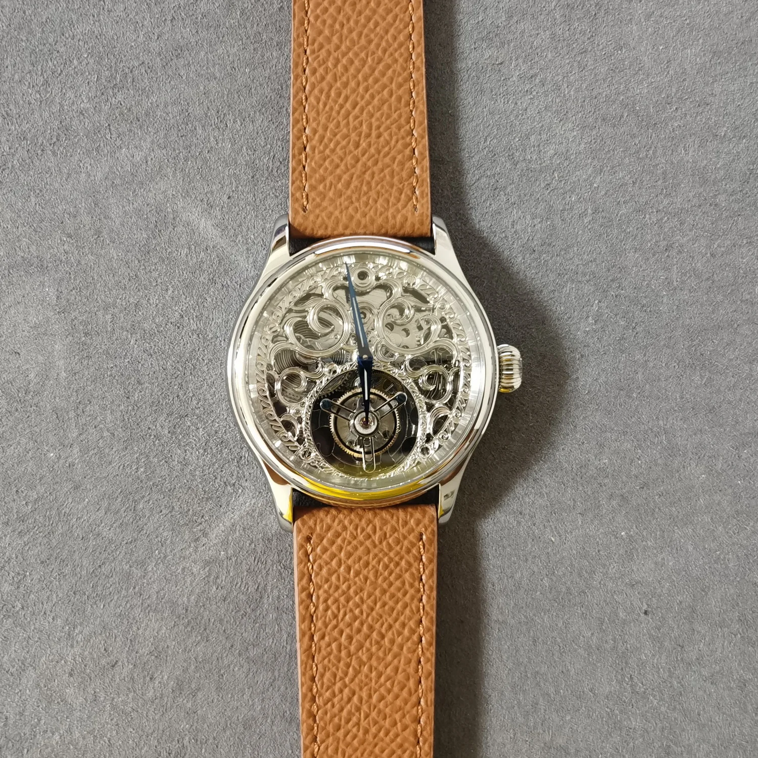 Jacques Genry Men Tourbillon Watch 42mm Manual Winding Mechanical Wristwatch Sapphire Mirror Leather Strap Hollow Carved Dial